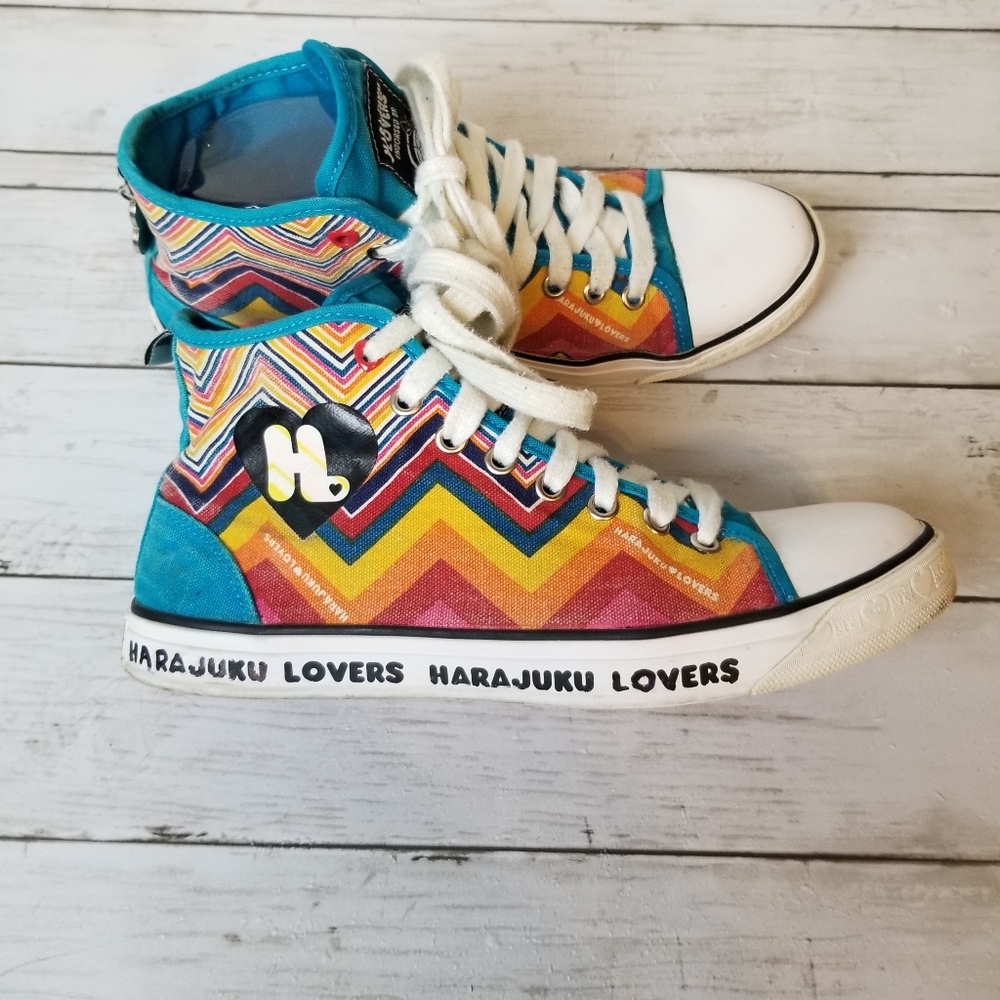 Harajuku Lovers High Top Black Heart Tag Multi Color Geometric Design Sneakers